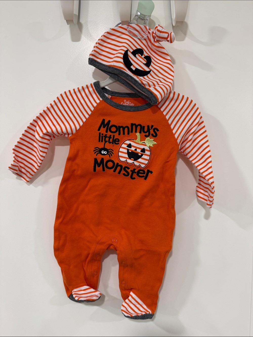 Mommy's Little Monster Orange Halloween Baby Footie with Hat 3M